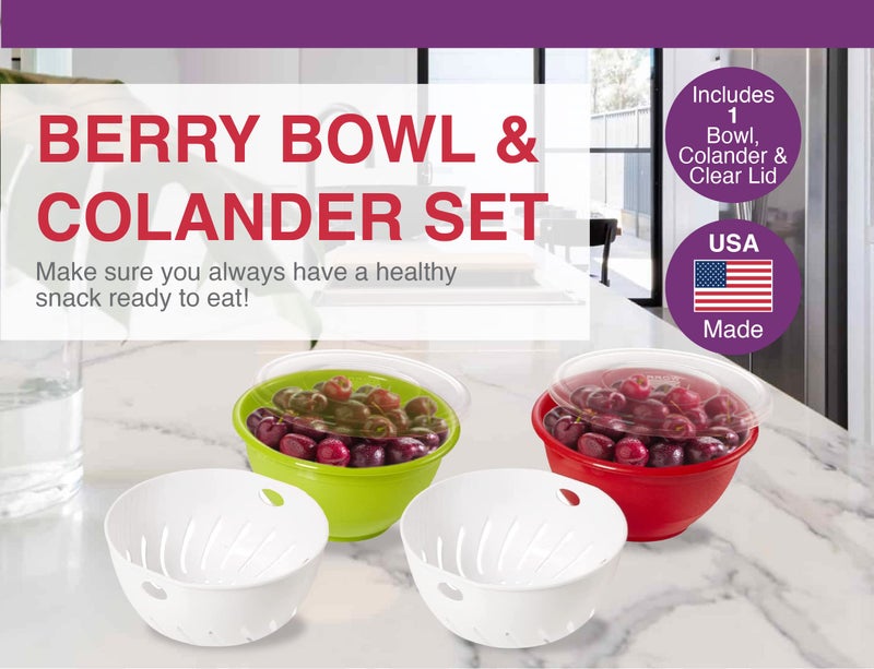 Arrow Home Products Berry Bowl & Berry Colander Set - Fruit Strainer Container with Lid, Rinse Store & Serve - Made in USA, Dishwasher Safe, BPA Free, 1 Quart, Assorted Colors (Either Red or Green) - Image 2